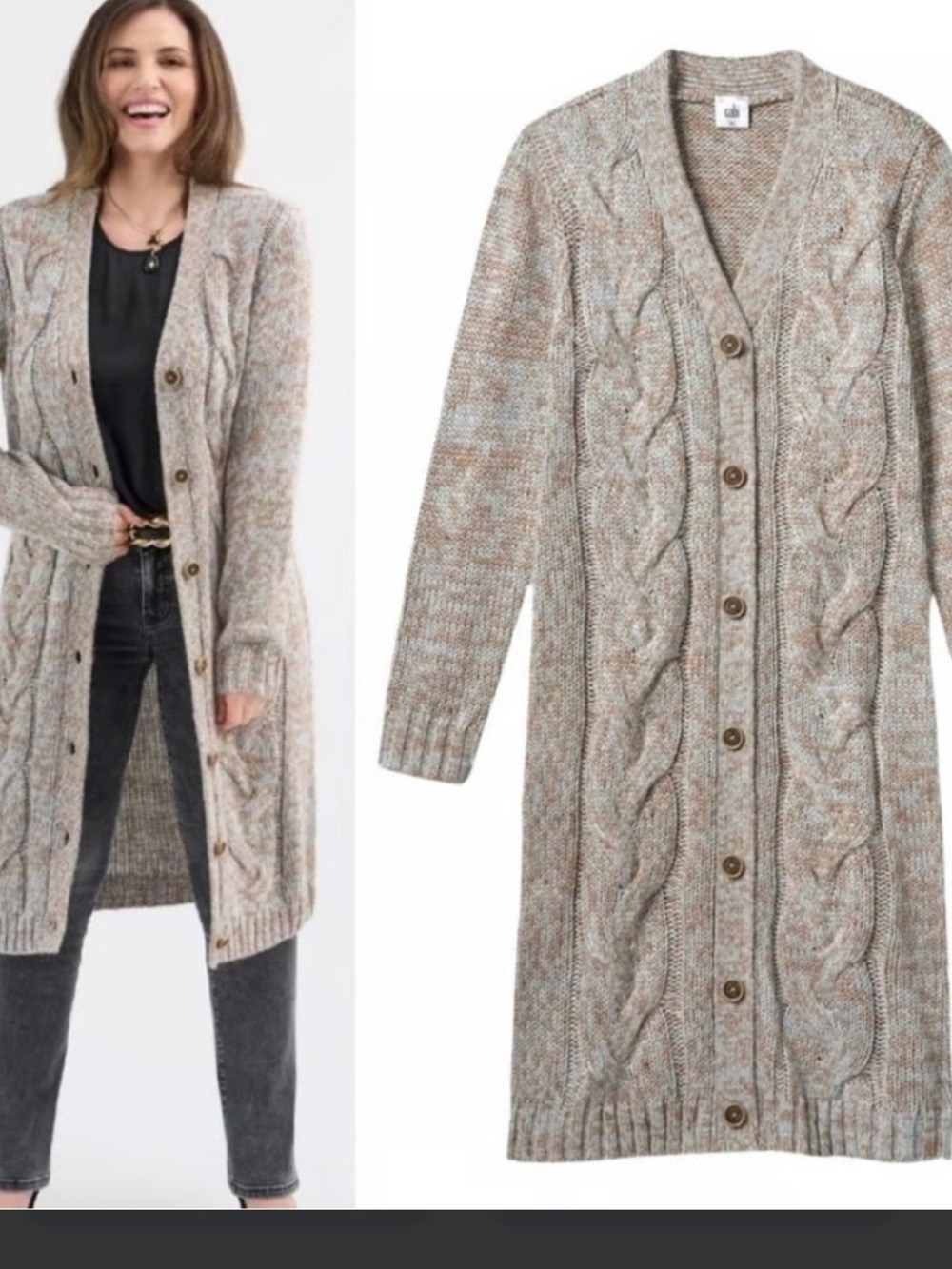 Cabi long silver sparkle Button-Front Cardigan Sweater - Heather Taupe S